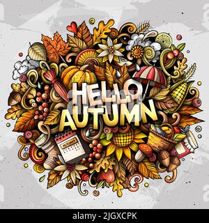 Ciao autunno natura cartoon Doodle illustrazione Illustrazione Vettoriale
