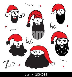 Allegro set natalizio di teste di diversi personaggi di Babbo Natale o di elfo, avatar o ritratto. L'illustrazione del vettore nero e rosso di xmas nell'arte del doodle Illustrazione Vettoriale