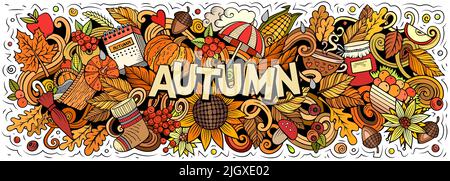 Autunno natura disegnata a mano fumetto doodle illustrazione. Design stagionale divertente. Illustrazione Vettoriale