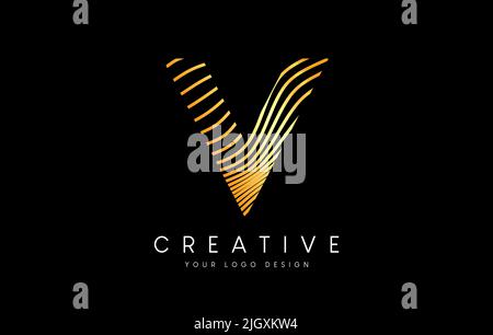 Warp Zebra Lines Letter V logo Design con linee dorate e Creative Icon Vector. Illustrazione del logo lettera delle linee di rilievo. Illustrazione Vettoriale
