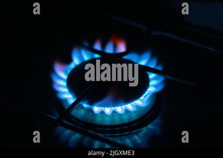 Fornelli a gas o bruciatore con emissione di fiamma blu. Concetti di energia, fatture, riscaldamento, cucinare, combustibili fossili, inverno Foto Stock