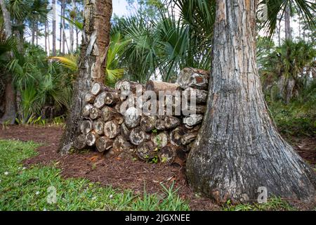 Grande pila di legno accatastato per un camino accatastato tra due alberi Foto Stock