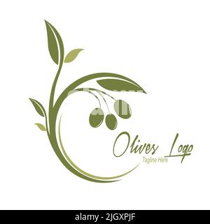 Logo delle olive o dell'olio d'oliva. Modello vettoriale per logo, marchio, etichetta di prodotto o adesivo. Stile piatto Illustrazione Vettoriale