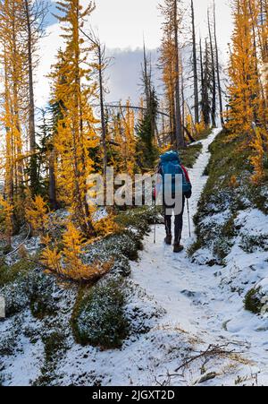 WA21718-00...WASHINGTON - escursionismo con zaino in spalla il Garland Peak Trail dopo la prima nevicata della stagione nella zona di Glacier Peak Wilderness. Foto Stock
