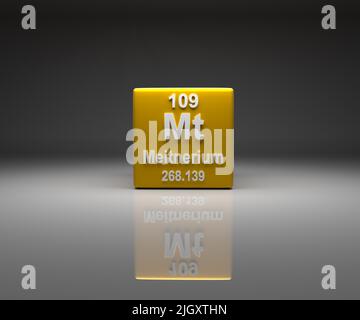 Cubo con tabella periodica numero Meitnerium 109, rendering 3D Foto Stock