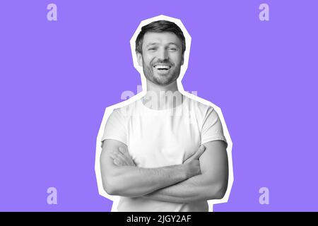 Felice uomo di mezza età ridendo su viola, collage Foto Stock