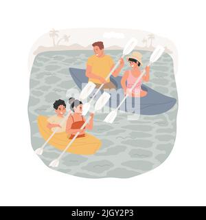 Kayak caraibico isolato cartoon vettore illustrazione. Tour in kayak in mare, famiglia seduta in due kayak, genitori e bambini pagaiare, indossare costume da bagno, attività di mare vettore cartone animato. Illustrazione Vettoriale