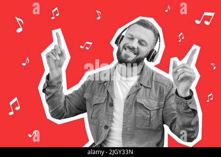 Uomo gioioso che utilizza cuffie wireless, collage Foto Stock