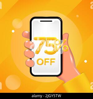 75 o settantacinque per cento di sconto sul design. Tenere a mano un telefono cellulare con un messaggio di offerta. Promozione speciale, modello poster vendita. Illustrazione Vettoriale