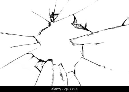 Tessuto di vetro rotto ha isolato crepe su sfondo bianco. Foto Stock