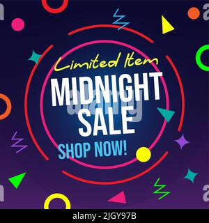 Modello di vendita a mezzanotte con stile neon leggero per pubblicità di testo, banner e post campagna sui social media. Illustrazione vettoriale Illustrazione Vettoriale
