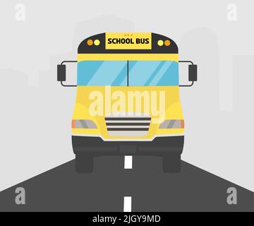Vista frontale dell'autobus scolastico, logo del paesaggio cittadino. Ritorno a scuola banner creativi o poster disegno vettoriale e illustrazione. Illustrazione Vettoriale