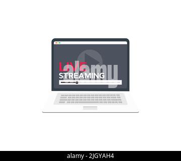 Concetto di rete Web per i social media in live streaming sul logo dello schermo di un computer portatile. Tecnologia broadcast online per lo streaming di video e musica. Internet. Illustrazione Vettoriale