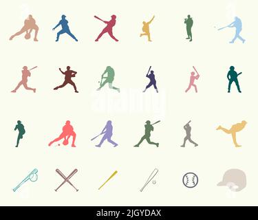 Icone colorate dei giocatori di baseball Illustrazione Vettoriale