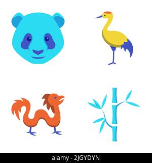Icona dei simboli nazionali cinesi in stile piatto. Animali asiatici e uccelli. Illustrazione vettoriale. Illustrazione Vettoriale