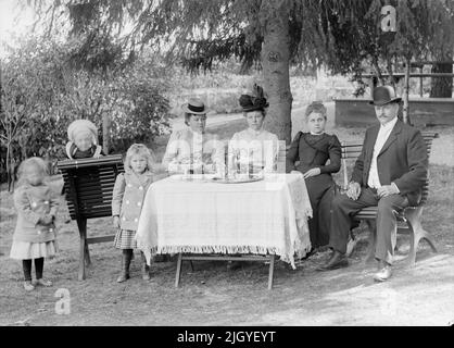 I commercianti Anders Strandberg e Viktor Söderberg con le famiglie e gli amici, Haga, Marielund, parrocchia di Funbo, Uppland intorno al 1900. Da sinistra: Elsa Söderberg (nato nel 1896). Nato a Uppsala. Nel 1920 con il maggiore successivo Nils Einar Gerdelius (nato nel 1893).Carl Sten Herman Söderberg (nato nel 1896). Nato a Uppsala. Rivenditori di colori. Sposò il 1930 con Ester Elisabeth Detning (nato nel 1907). anna Karin Kaja Elisabeth Strandberg (nato nel 1896). Nato a Uppsala. Sposò nel 1916 il maggiore Johannes (Janne) Nyberg (nato nel 1886). augusta Strandberg (1860-1938). Nato a Ekeberga, Kosta, Småland. Nato Söderbom. Sposato nel 1 Foto Stock