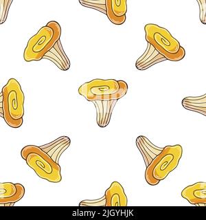 Modello senza giunture con funghi della foresta. Canterelle. Illustrazione in stile disegno a mano. Motivi autunnali. Può essere utilizzato per tessuti Illustrazione Vettoriale
