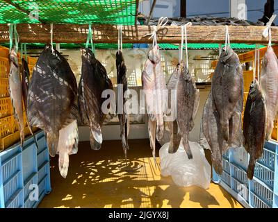 Pesce appeso ad asciugare ad un mercato locale del pesce Foto Stock