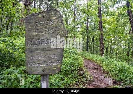 Segnavia per la natura selvaggia delle scogliere di Raven nella foresta nazionale di Chattahoochee lungo l'Appalachian Trail vicino a Walasi-Yi nella Georgia nord-orientale. (USA) Foto Stock