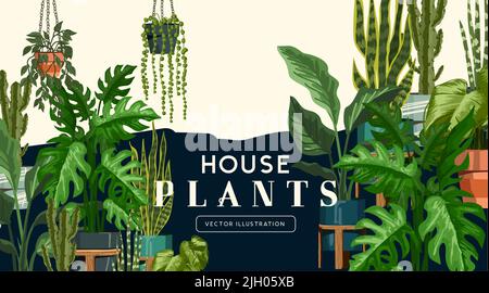 Una grande e variata selezione di piante interne della casa con pentole. Illustrazione vettoriale del giardino e del benessere Illustrazione Vettoriale