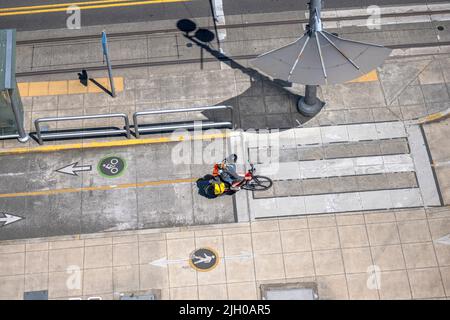 Una donna con un cane in uno zaino corre in bicicletta lungo il marciapiede della città preferendo uno stile di vita attivo e sano utilizzando la bicicletta e la bicicletta come alte Foto Stock