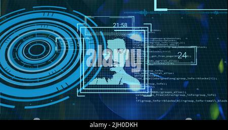 Immagine dell'interfaccia digitale con scan scoping su sfondo scuro Foto Stock