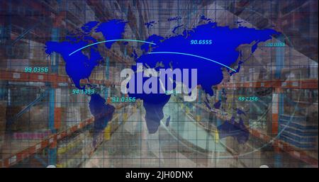 Immagine della mappa del mondo e dell'elaborazione dei dati sugli interni di Wharehouse Foto Stock