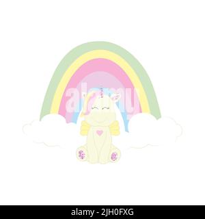 Carino cartone animato unicorno seduta. Dietro di lui c'è un arcobaleno. Foto Stock