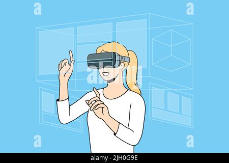 Donna felice in occhiali VR esplorare l'ambiente. Sorridente cliente femminile in occhiali di realtà virtuale hanno divertimento godere della nuova tecnologia moderna. Illustrazione vettoriale. Illustrazione Vettoriale