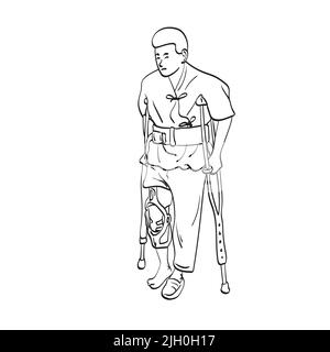Uomo con gamba rotta usando stampelle per illustrazione a piedi vettore disegnato a mano isolato su sfondo bianco art. Illustrazione Vettoriale