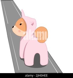 Shiba inu cane cammina lungo la strada e guarda al lato che è vestita come un unicorno rosa Illustrazione Vettoriale