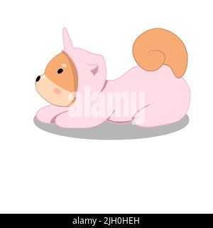 Shiba Inu cane pronto a saltare e ad aspettare, vestito come unicorno rosa Illustrazione Vettoriale