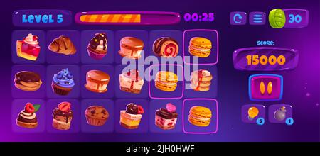 Abbina 3 interfaccia di gioco con icone dolci carini, pulsanti e risorse. Illustrazione vettoriale del cartoon del gioco mobile abbina tre con i segni dei dolci e dei dessert, barra di avanzamento, segno e orologio Illustrazione Vettoriale
