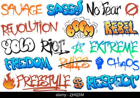 Scritte in graffiti ribelle. Rriot Street art scribbles, libertà e tag di rivoluzione. Set vettoriale per la staging delle pareti in stile urbano Illustrazione Vettoriale