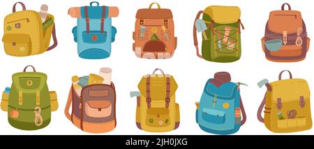 Zaino turistico. Borse da campeggio, krapsack escursionista con attrezzi di viaggio montagna vettore icone set Illustrazione Vettoriale