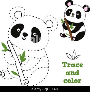 Gioco da punto a punto panda. Collega i punti e l'immagine a colori dell'orso carino con il ramo, intrattenimento per l'illustrazione vettoriale dei bambini Illustrazione Vettoriale