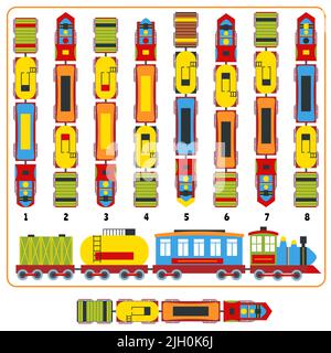 Treno gioco di logica. Trovare la versione corretta vista dall'alto del treno locomotiva con carri, 3D puzzle prova vettore illustrazione Illustrazione Vettoriale