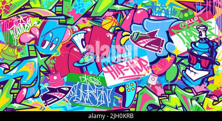 Astratto Urban Graffiti stile Sticker bombardamento con alcuni Street Art Lettering Vector Illustration sfondo Illustrazione Vettoriale