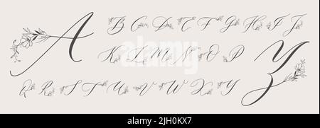Monogramma ornamento floreale. Font scritto a mano con fiori e frondosi decorazione rami, vintage calligrafia lettere maiuscole vettore set Illustrazione Vettoriale