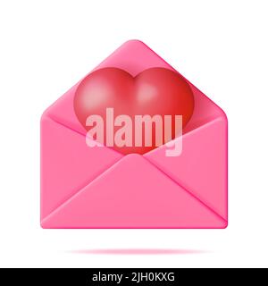3D lettera busta aperta con cuore rosso isolato. Illustrazione Vettoriale