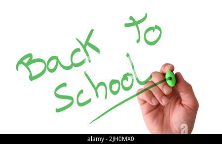 Riportare a scuola la scrittura in aria sullo schermo con un pennarello verde con sfondo bianco isolato Foto Stock