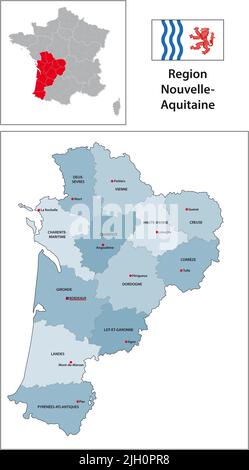 Mappa vettoriale amministrativa con bandiera della regione francese di Nouvelle-Aquitaine Foto Stock