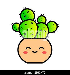 Simpatico personaggio cactus sorridente. Kawaii pianta con viso felice. Divertente personaggio cartoon. Adorabile cactus allegro. T-shirt elemento di design. Pianta in vaso Illustrazione Vettoriale