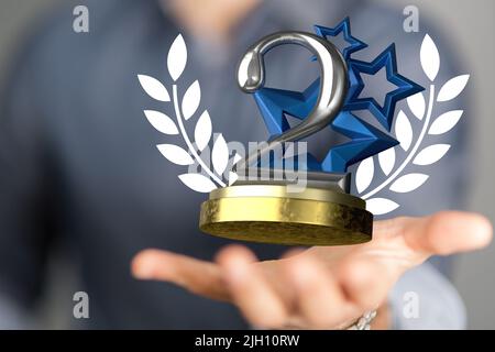 Un 3D rendering di un secondo posto Golden Award una mano maschile che tiene su uno sfondo sfocato Foto Stock
