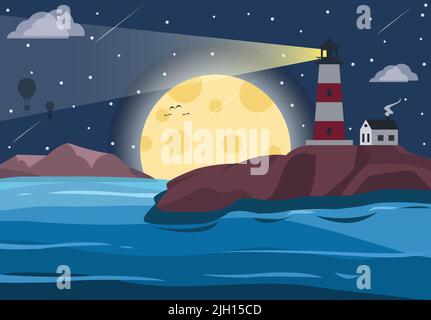 Un'illustrazione vettoriale di un faro sull'oceano di notte con una luna piena Illustrazione Vettoriale