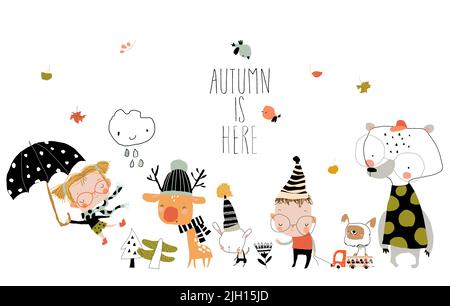 Cartoon carino Bambini e animali godendo autunno Illustrazione Vettoriale