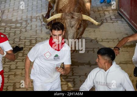 Pamplona, Spagna. 14th luglio 2022. La gente corre davanti ai tori nell'ottava e ultima corsa dei tori dei festeggiamenti di San Fermin 2022 a Pamplona. (Foto di Fernando Pidal/SOPA Images/Sipa USA) Credit: Sipa USA/Alamy Live News Foto Stock