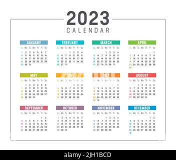 Calendario colorato anno 2023 isolato su sfondo bianco. La settimana inizia domenica. Modello vettoriale. Illustrazione Vettoriale