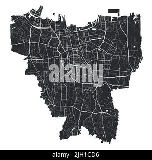 Mappa vettoriale di Giacarta. Mappa vettoriale dettagliata dell'area amministrativa della città di Giacarta. Paesaggio urbano poster vista aria metropolitana. Terra nera con strade bianche, r Illustrazione Vettoriale