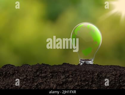 Energia rinnovabile. Protezione ambientale, fonti energetiche rinnovabili e sostenibili. La mappa verde del mondo è su una lampadina che rappresenta l'energia verde Foto Stock